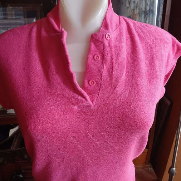 Medium Vintage 70's Pink Terrycloth Disco Top Rayon Button-Up Collar - Picture 3 of 8